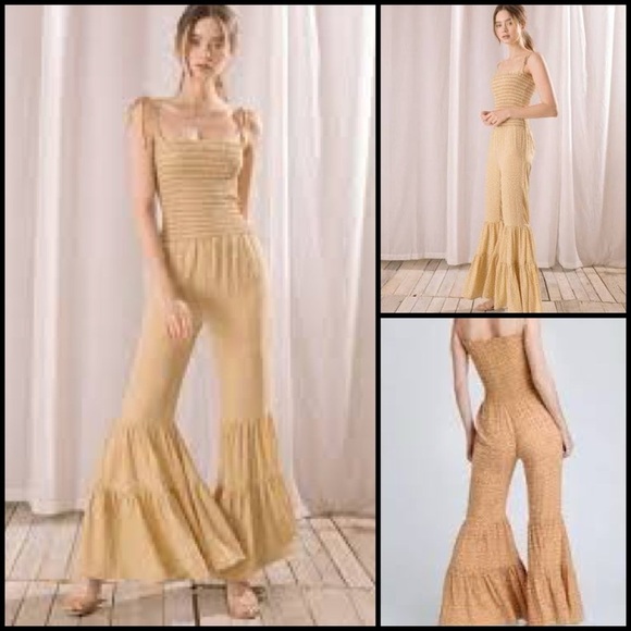 Storia Pants - Storia Smocked Boho Hippie Ruffle-Hem Bell Bottom Floral Jumpsuit Mustard M